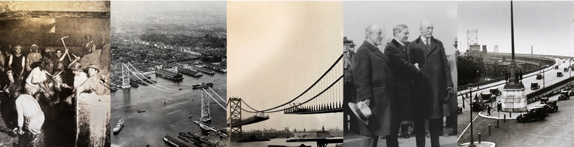From Left to Right: Working Chamber Caisson "B",  Aero Directly over Bridge, General View of Span Looking NW, 2515 Inspection by Commission, Camden Approach to the Benjamin Franklin Bridge. 
