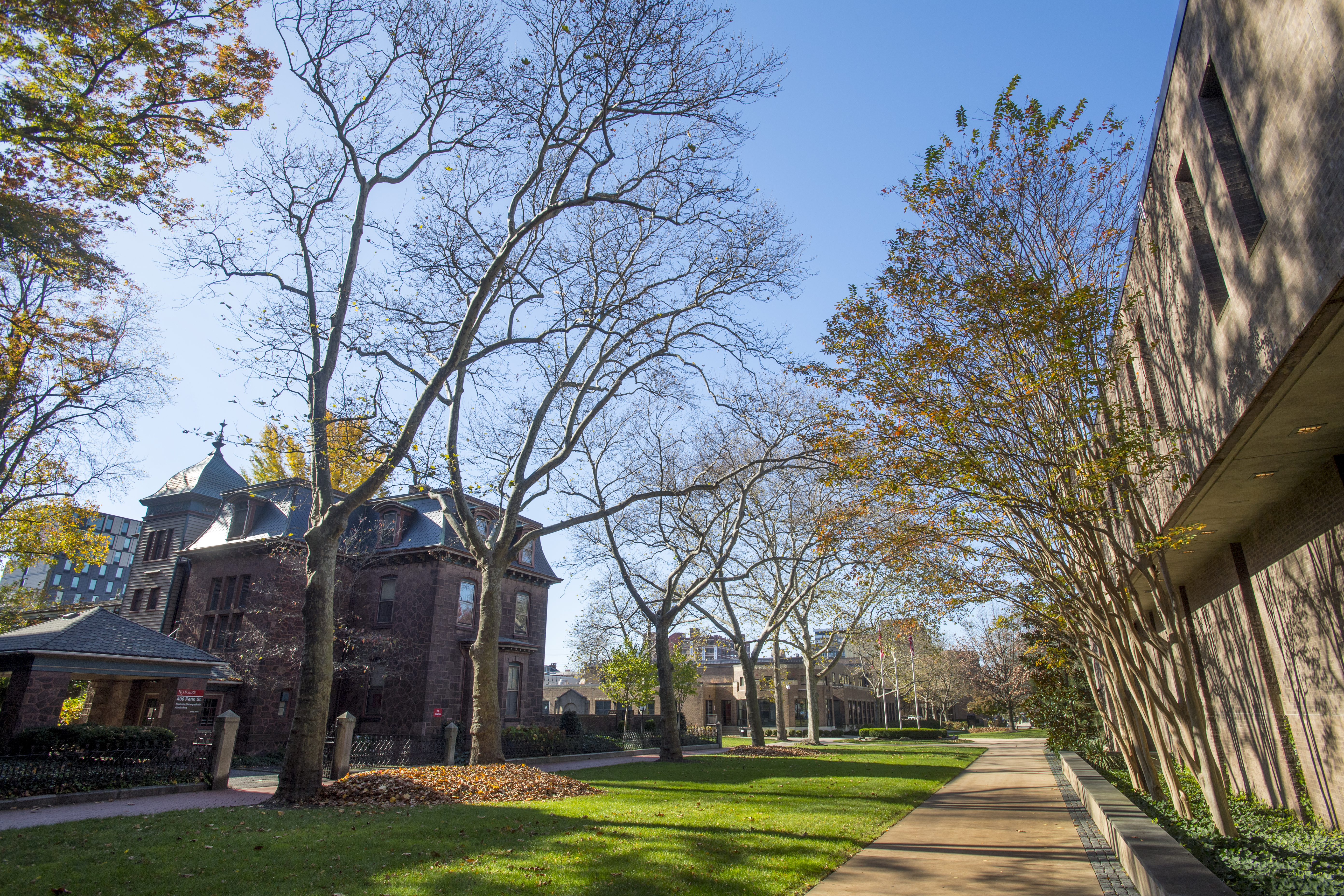 Rutgers–Camden campus photograph featuring the Admissions Building, taken by staff photographer Nick Romanenko in fall 2020.