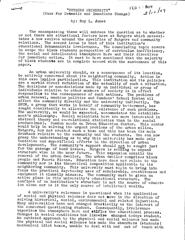 Rutgers University Case For Dramatic and Immediate Change by Roy L. Jones / Black Feeling by Myrna Williams