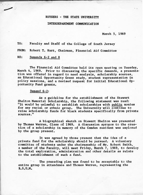 Memo regarding BSUM demands number 6-2 and 8 (financial aid)