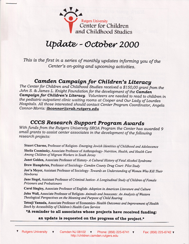 Center for Children and Childhood Studies Update October 2000