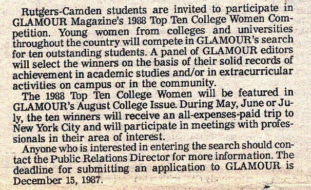 Announcement for GLAMOUR Magazine's 1988 Top Ten College Women Competition