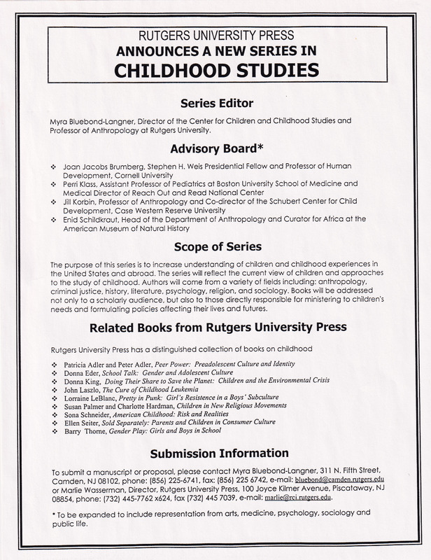 Rutgers University Press Announces a New Series in Childhood Studies