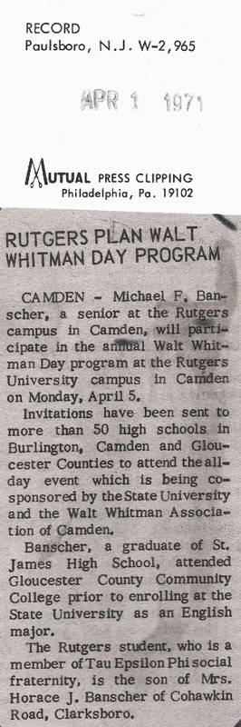 Rutgers Plan Walt Whitman Day Program