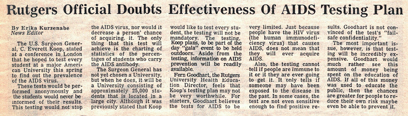 Rutgers Official Doubts Effectiveness of AIDS Testing Plan