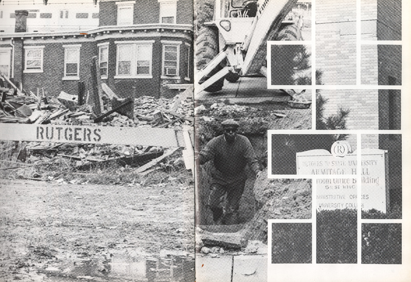 Debris and rubble beside the sign of the Armitage Hall building