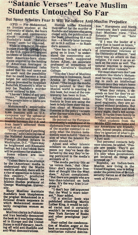 Satanic Verses Leave Muslim Students Untouched So Far; But Some Scholars Fear It Will Re-Inforce Anti-Muslim Prejudice