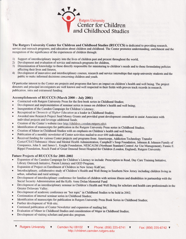 Center for Children and Childhood Studies Update July 2001