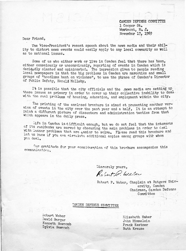 Memo about City in Crisis brochure / Fight Racism flyer