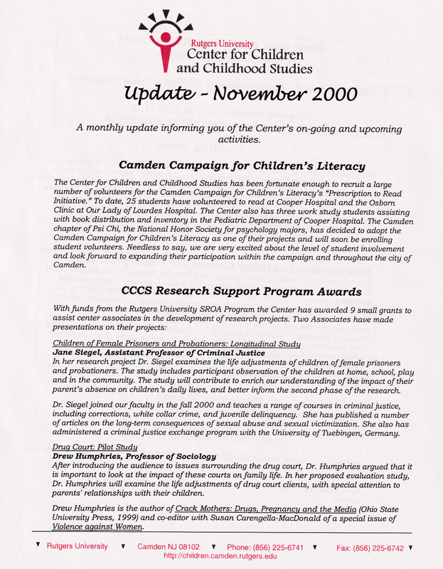 Center for Children and Childhood Studies Update November 2000