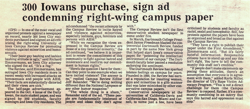 300 Iowans purchase, sign ad condemning right-wing campus paper