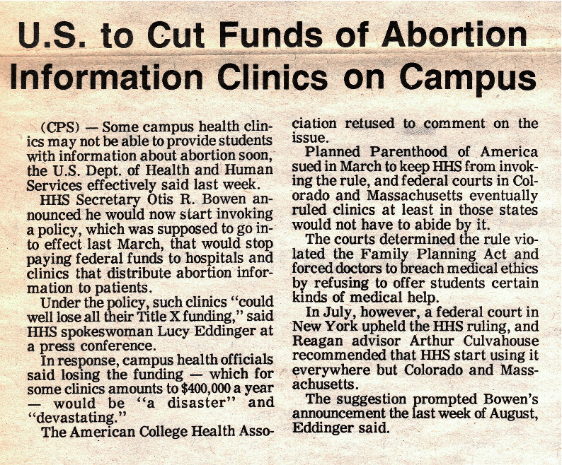 U.S. to Cut Funds of Abortion Information Clinics on Campus