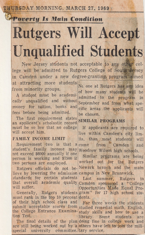 Poverty Is Main Condition; 
Rutgers Will Accept Unqualified Students
