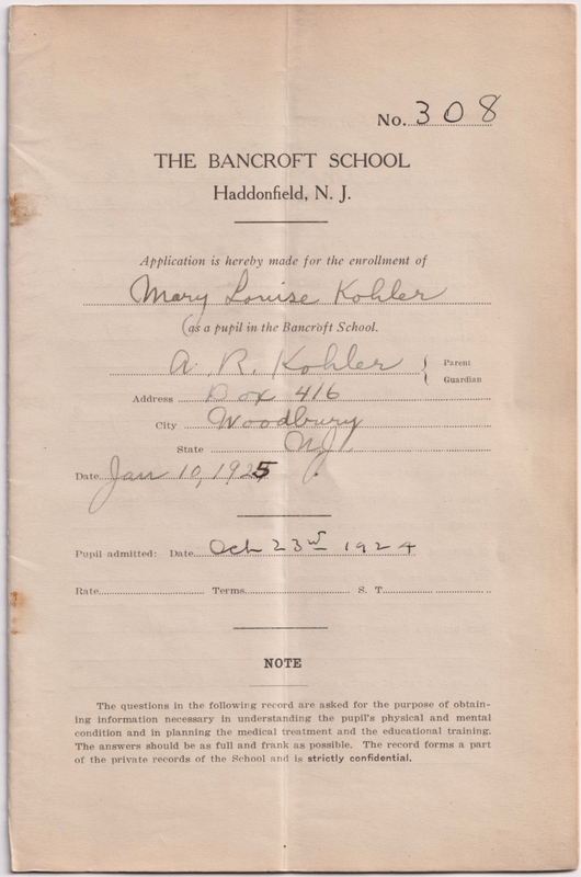 The cover of an application to be admitted to the Bancroft School, a small folded booklet with handwriting on the form. This application is for Mary Louise Kohler, and was filled out on October 23rd, 1924.
